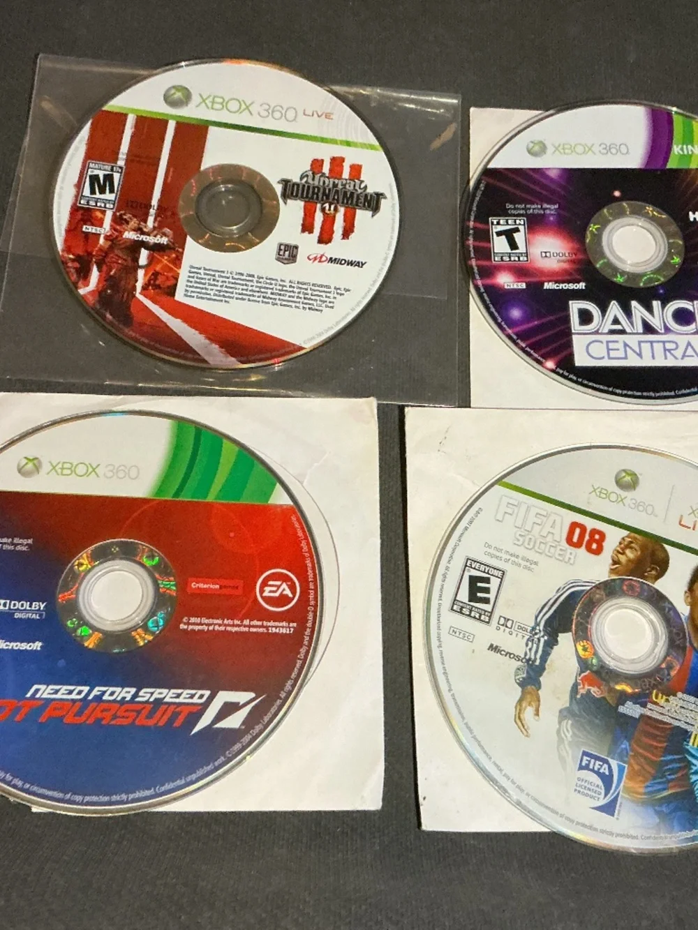 Need For Speed hot pursuit&FIFA 08&Dance Central&Unreal Tournament 3  Xbox 360